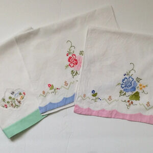Vintage Handmade Embroidery Chair Sofa Backs Cotton Linens Floral Applique